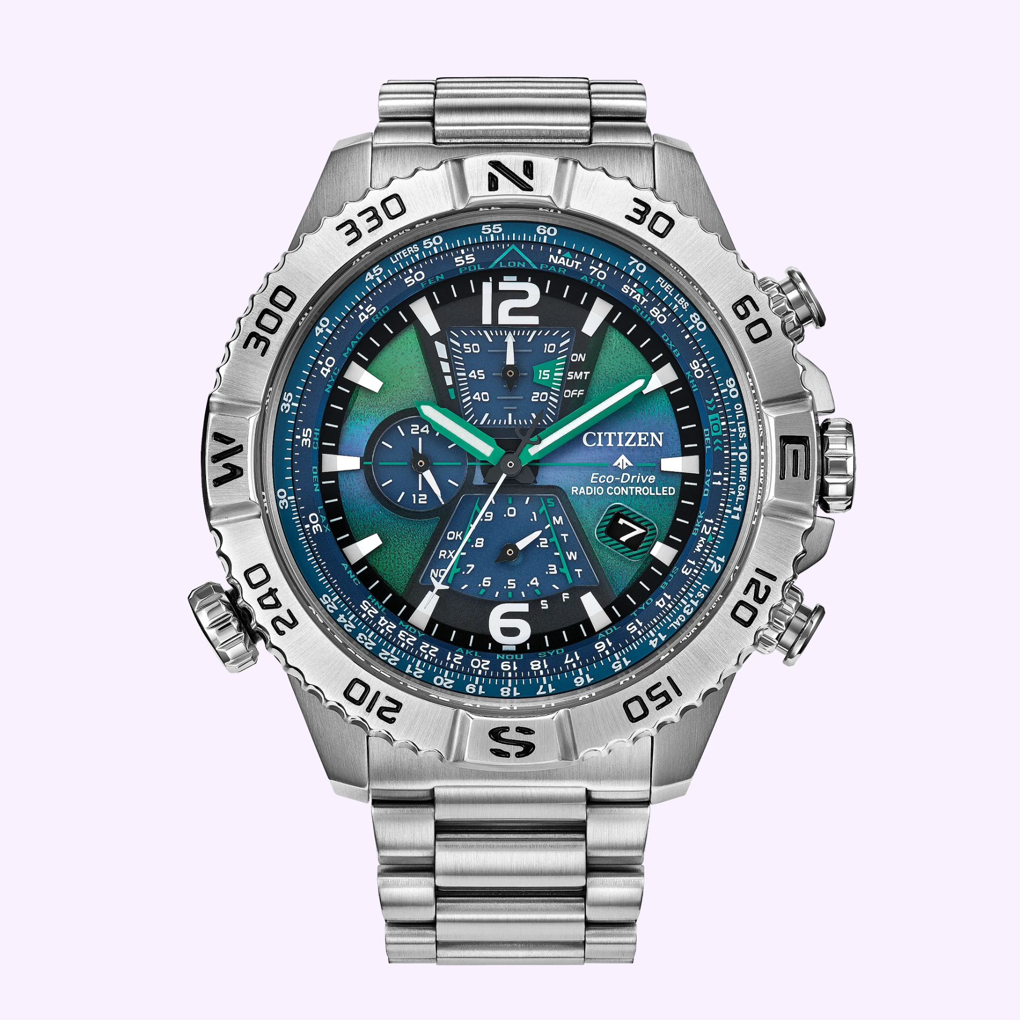 The Citizen Watches Promaster Navihawk A-T AT8220-55W features a stainless steel case, blue and green detailed dial with subdials, rotating bezel, luminous hands, linked metal band, and Eco-Drive technology.