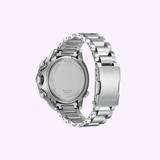 The Citizen Watches Promaster Navihawk A-T AT8220-55W is pictured from the back, revealing the detailed case back and stainless steel bracelet with a folding clasp, set against a light purple background.