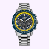 The Citizen Watches Promaster Navihawk CA4667-53L features a stainless steel case, blue and yellow bezel, blue dial with three subdials, luminous hands, and a metal link bracelet—ideal for fans of the iconic Blue Angels chronograph.