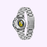 A silver Citizen Watches Promaster Navihawk CA4667-53L by Citizen Watches is displayed from the back, highlighting its round case and bracelet band. The stainless steel caseback features a distinctive shield-shaped emblem in yellow and blue with text and symbols, identifying it as an iconic Blue Angels watch.