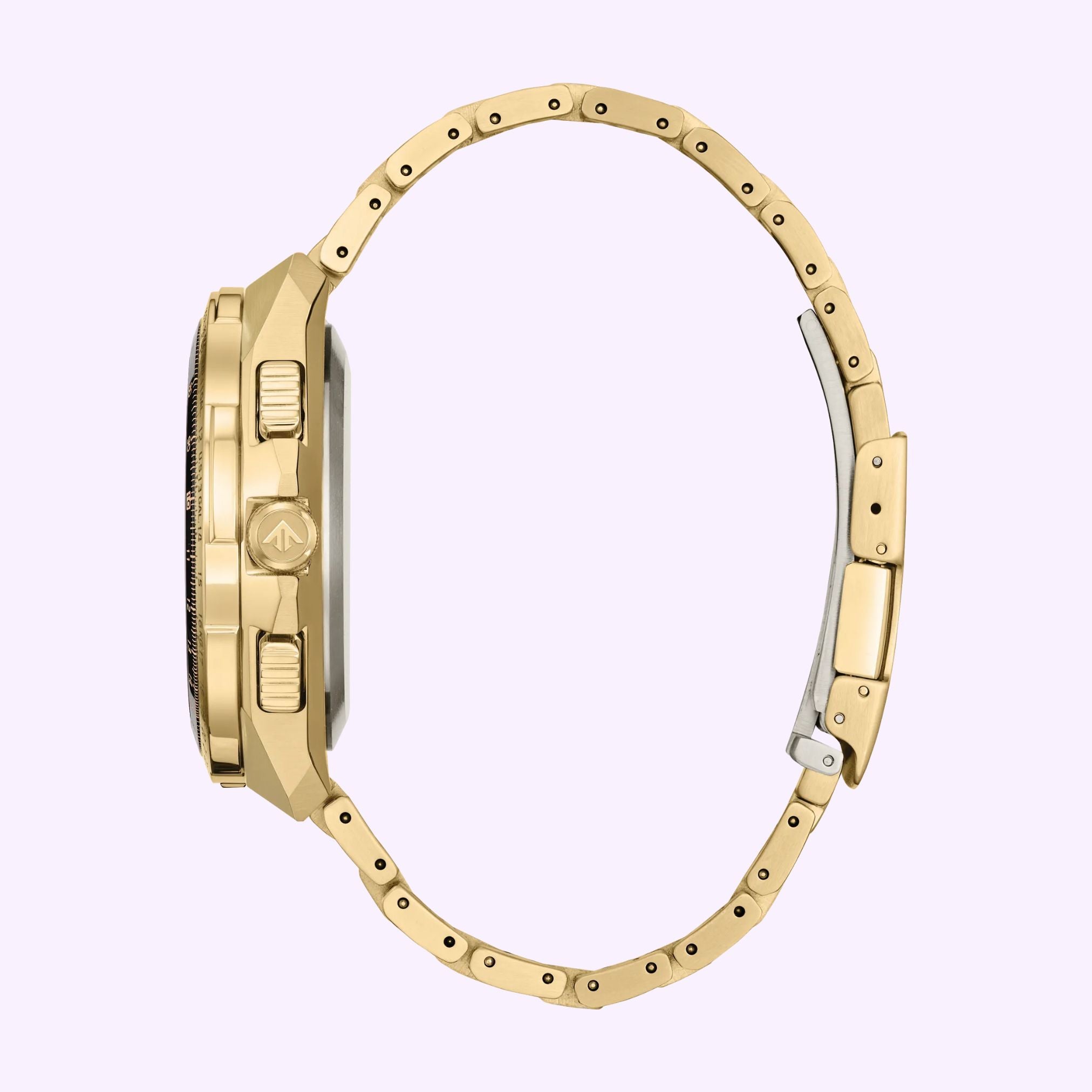 Side view of a gold-tone Citizen Watches Promaster Skyhawk A-T JY8144-50E chronograph watch featuring a metal link bracelet and a black bezel.