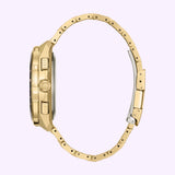 Side view of a gold-tone Citizen Watches Promaster Skyhawk A-T JY8144-50E chronograph watch featuring a metal link bracelet and a black bezel.