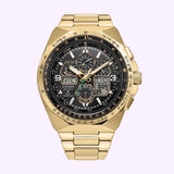 Gold-tone Citizen Watches Promaster Skyhawk A-T JY8144-50E analog-digital watch with a black multi-function dial and metal link bracelet.
