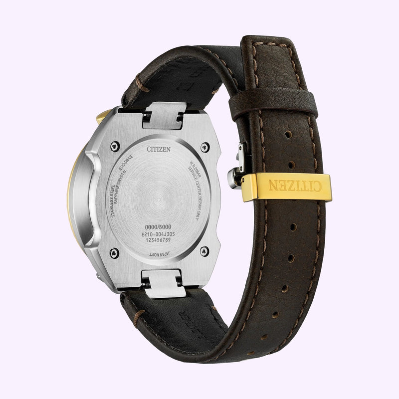 Back view of the Citizen Promaster Tsuno Chrono Racer AV0104-06W showing the stainless steel caseback and brown leather strap with gold-tone deployant clasp