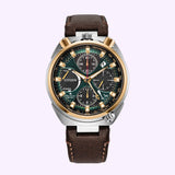 Citizen Watches Promaster Tsuno Chrono Racer AV0104-06W watch featuring a green dial, gold-tone bezel and accents, and a brown leather strap.