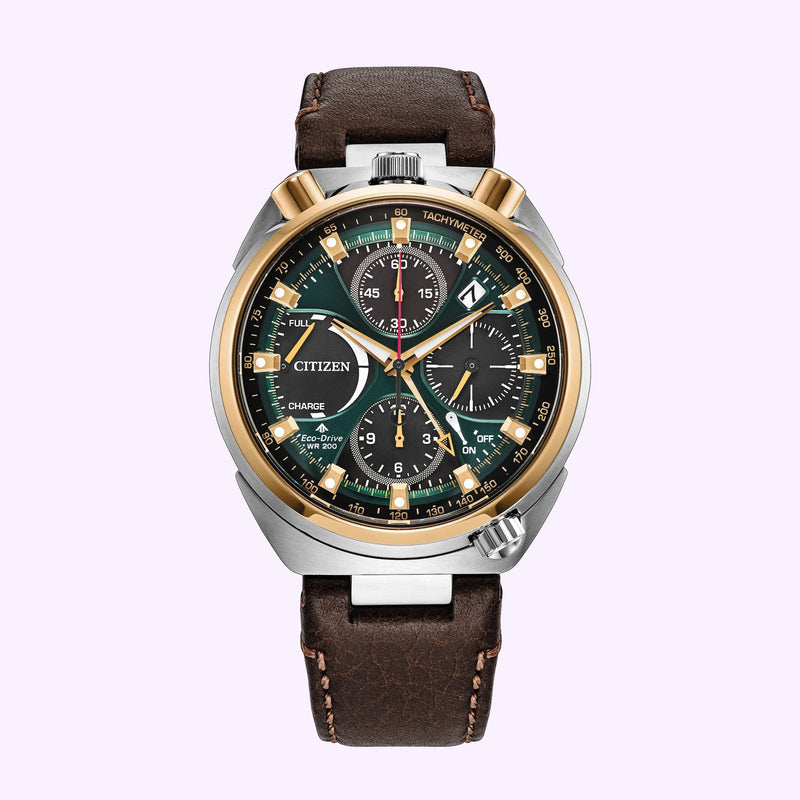 Citizen Promaster Tsuno Chrono Racer AV0104-06W with British racing green dial, gold-tone bezel and brown leather strap