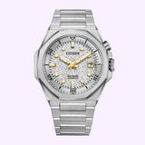 The limited edition Citizen Watches Series8 890 City Lights NB6060-58H features a geometric-patterned dial, gold accents, date at 3 o’clock, and a stainless steel bracelet.