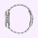 Side view of a Citizen Watches Series8 890 NB6060-58L with its stainless steel band extended in a circle, showing buttons and links against a light purple background.