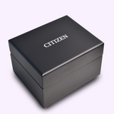 A closed, black rectangular box with CITIZEN in white on the lid sits on a light background—ideal for gifting your Citizen Watches Series8 890 NB6060-58L.
