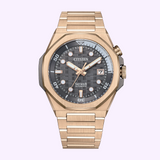 The Citizen Watches Series8 890 NB6069-53H features a rose gold-tone stainless steel case, black patterned dial, gold markers and hands, a date window at 3 o’clock, and a metal link bracelet.