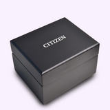 A black rectangular box with CITIZEN in white on the lid, photographed against a light background—perfect for an automatic watch like the Citizen Watches Series8 890 NB6069-53H.