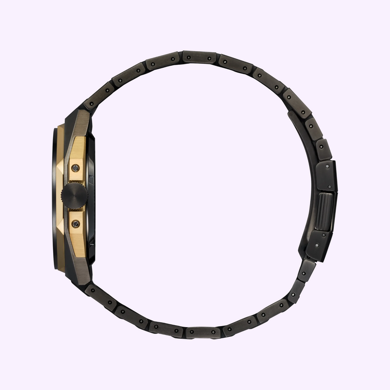 Citizen Series8 case profile with gold-tone crown guards