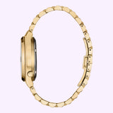 Profile view of a yellow gold-tone Citizen Watches TSUYOSA 60 37mm NK0032-56A watch with a matching gold link bracelet.