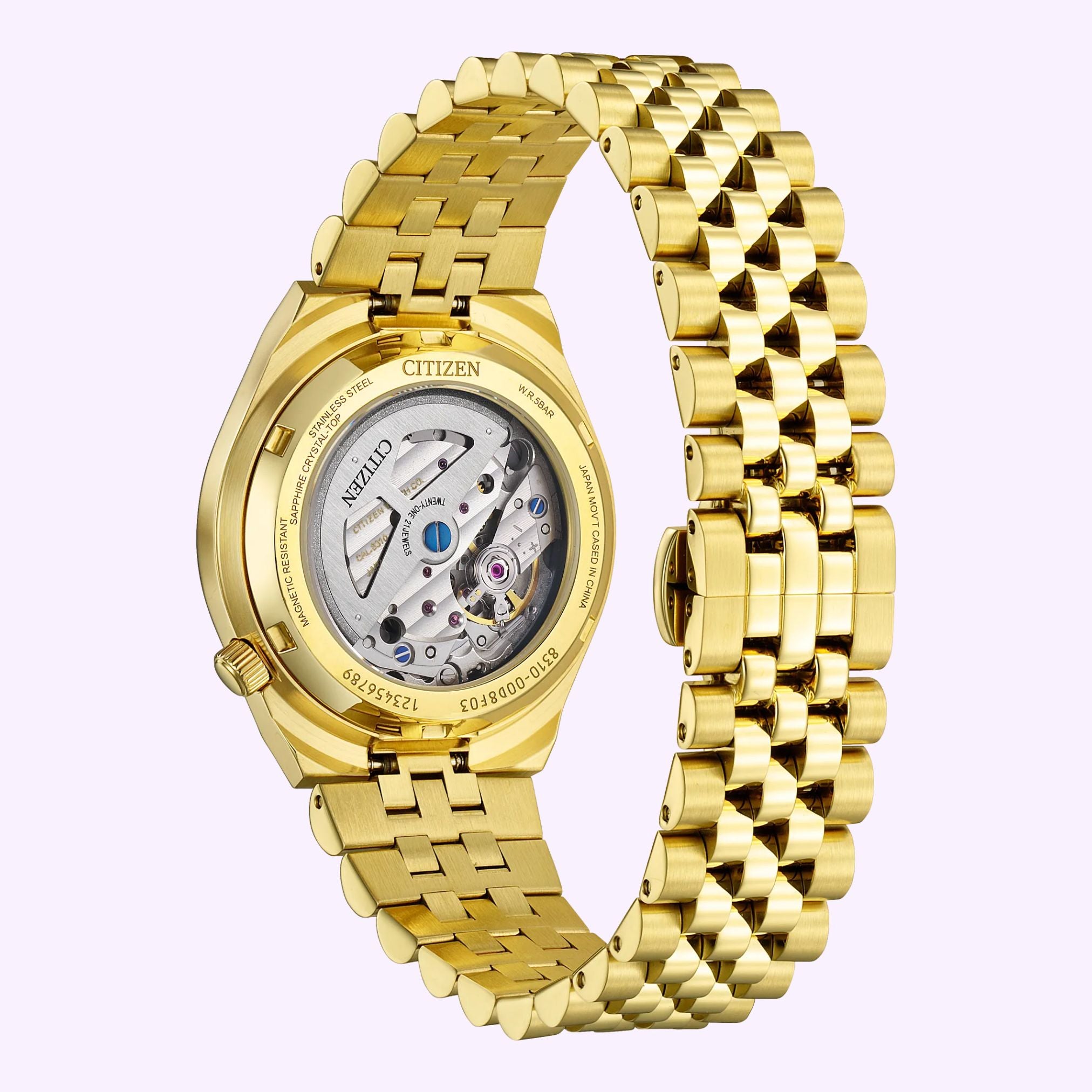 Back view of the yellow gold-tone Citizen Watches TSUYOSA 60 37mm NK0032-56A watch, showcasing its mechanical movement through a clear case back and its link bracelet.