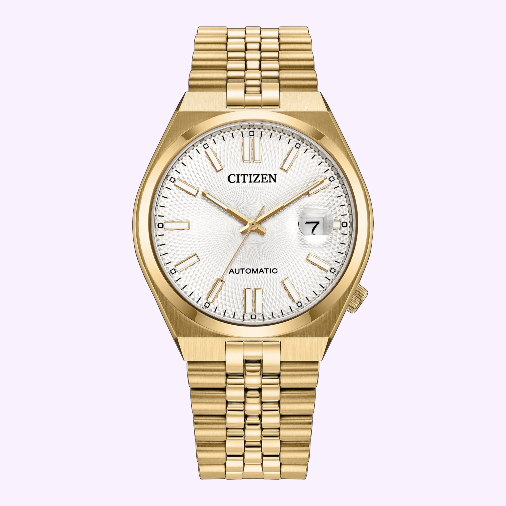 Citizen Watches TSUYOSA 60 37mm NK0032-56A automatic watch in yellow gold-tone with a textured silver dial, gold indices, and a date window at the three o’clock position, finished on a matching gold-tone metal link bracelet.