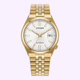 Citizen Watches TSUYOSA 60 37mm NK0032-56A automatic watch in yellow gold-tone with a textured silver dial, gold indices, and a date window at the three o’clock position, finished on a matching gold-tone metal link bracelet.