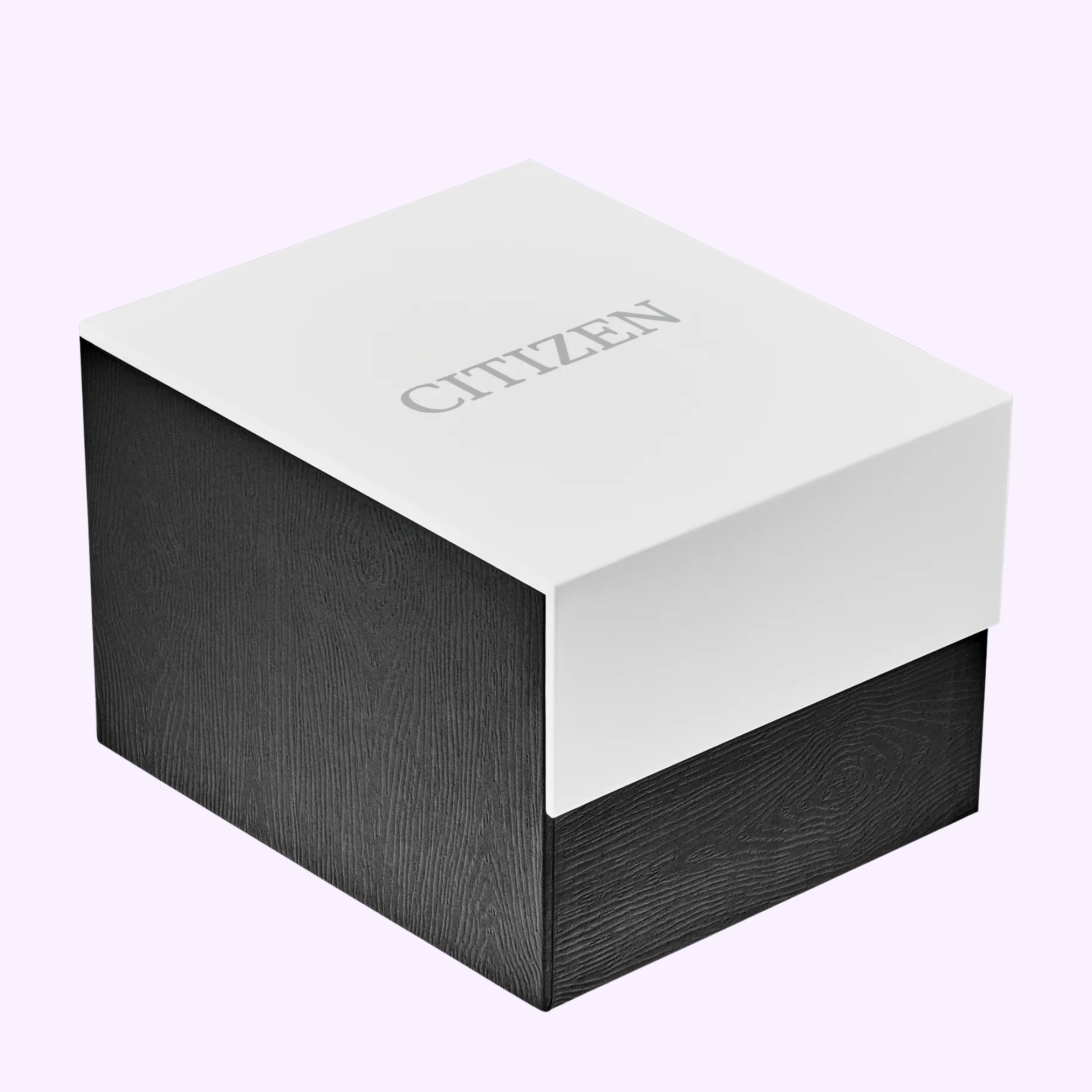 A black textured box with a white lid bearing CITIZEN in silver letters, ideal for presenting your Citizen Watches Veya Silver FE1262-03A, displayed on a light background.
