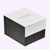 A black textured box with a white lid bearing CITIZEN in silver letters, ideal for presenting your Citizen Watches Veya Silver FE1262-03A, displayed on a light background.