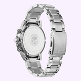 The Citizen AT0200-56L Chandler Eco-Drive Silver Stainless Steel Men’s Watch is shown from the back, featuring an engraved caseback and metal link band with folding clasp, both displaying the Citizen Watches brand name.
