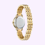The Citizen Watches EM1052-51A Classic Coin Edge (UPC: 013205157547) is shown from the back, highlighting its gold-tone stainless steel link band and engraved case back, set against a light background with classic coin edge styling.