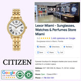 Citizen Watches EM1052-51A Classic Coin Edge (UPC: 013205157547) in gold-tone stainless steel, shown beside a Lexor Miami Google listing screenshot featuring store interior, reviews, location, contact info, and authenticity badges.
