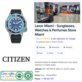 A teal-faced Citizen Watches Promaster Dive BN0167-09W watch with a black rubber strap, next to a store listing for Lexor Miami including a photo of the interior, contact information, and a five-star Google rating.