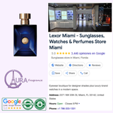 Versace Perfumes’ Dylan Blue 3.4 EDT & 3.4 S/G Men Travel Set, with Aura Fragrance logo and Lexor Miami store details: storefront photo, address, hours, phone, 5-star rating, and travel set certification badges.