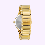 The Bulova Watches Futuro 97D115 Men’s gold-tone stainless steel wristwatch is shown from the back, highlighting its closed clasp and stainless steel case against a plain light background.