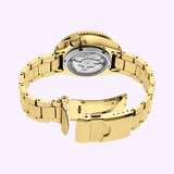 The Seiko Watches SRPK18 Seiko 5 Sports SGP wristwatch, shown from the back, features a linked metal bracelet, an open clasp, and a transparent case back that reveals its inner mechanical movement.