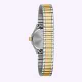 The Bulova 45L185 Traditional Caravelle by Caravelle Watches By Bulova is shown from the back, displaying its two-tone stainless steel strap with silver edges and gold center links, plus a silver case with gold crown. The green dial isn’t visible.