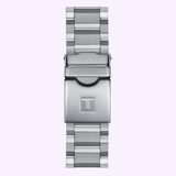 The Tissot T1256171105100 SuperSoft Chronograph men’s watch features a stainless steel strap with a fold-over clasp engraved with a central “T,” finished in brushed metal and polished edges to match the sleek style of Tissot Watches.