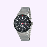 Bulova Watches presents the 98A268 Stainless Steel Black Dial Chronograph, a men's sports watch with three subdials, white markers, red-tipped second hand, and rotating bezel—all displayed on a light background.