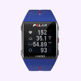 The Polar Watches 90050556 V800 Fitness Watch with Heart Rate Monitor in blue features a black digital screen to track heart rate, speed, and distance—an ideal GPS fitness watch for active users. Available at Lexor Miami.