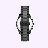The Michael Kors Watches MK9154 men’s chronograph, shown from the back, displays its black stainless steel link bracelet and MK-engraved clasp against a light purple background.