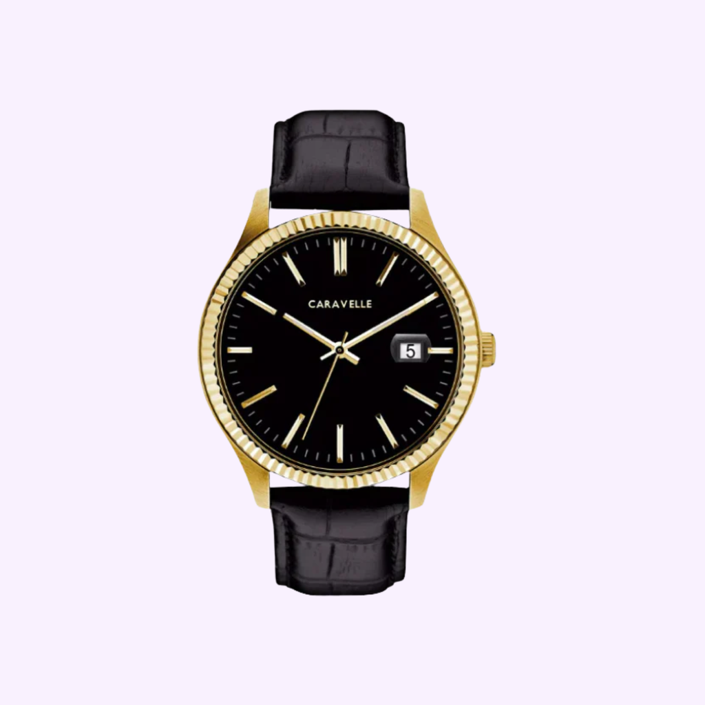 Caravelle Leather Strap Watch Men's Black