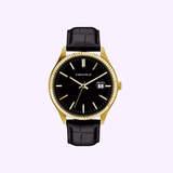 The Bulova 44B118 Dress Caravelle by Caravelle Watches features a gold case, black leather strap, black dial, gold hour markers and hands, and a date window at 3 o’clock—a refined men’s luxury dress watch.