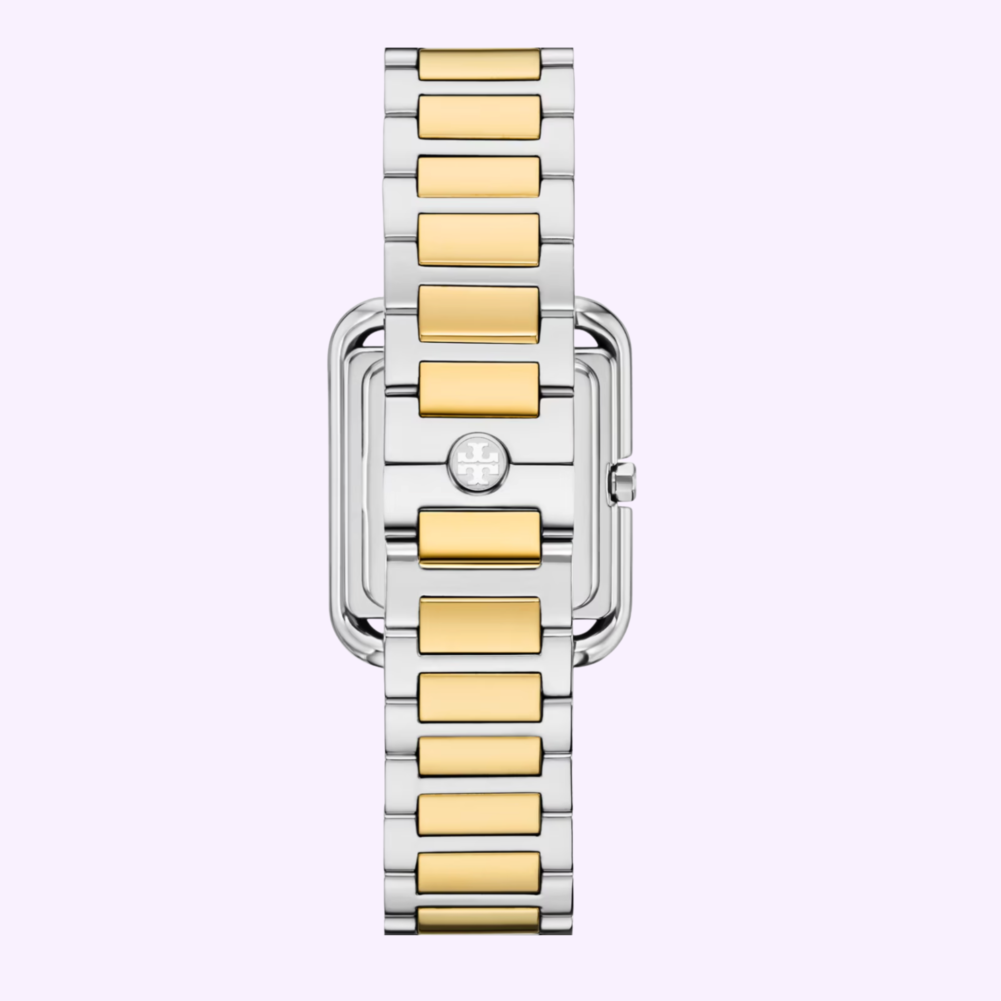 A close-up of the Tory Burch Watches THE KIRA SQUARE Women TBW6021, a designer watch with a rectangular face and alternating silver and gold link metal band, displayed on a pale light purple background.