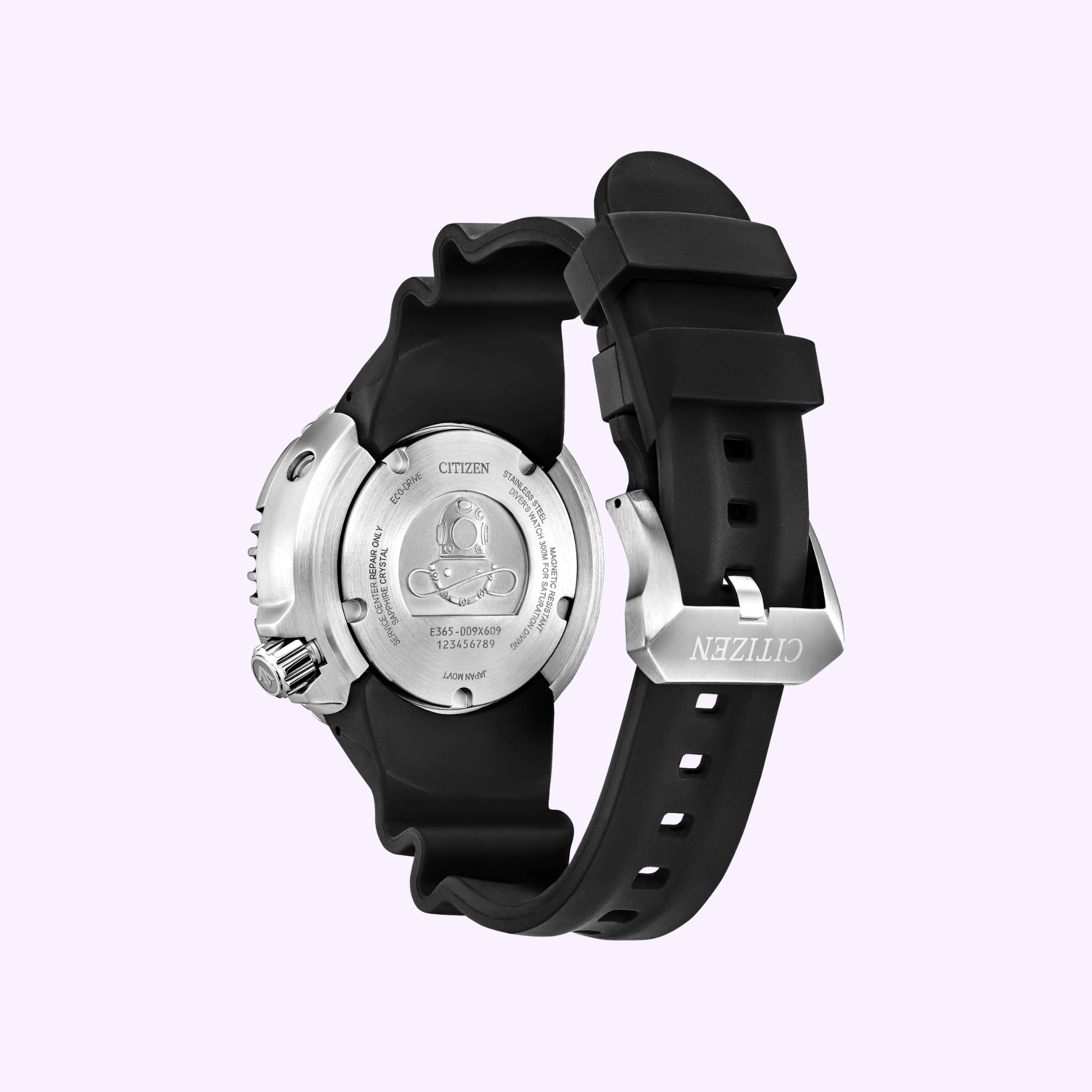 The Citizen Watches Promaster Dive E365 BN1025-08L is shown from the back, featuring a black rubber strap, stainless steel engraved caseback with the Citizen brand, and a silver buckle. This is an Eco-Drive UNITE with BLUE Limited Edition dive watch.