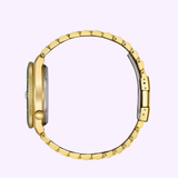 Side view of the Citizen Watches TSUYOSA Shore NJ0232-53X in gold-tone stainless steel with a linked band, set against a light purple background, displaying its band and case thickness.