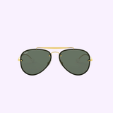 A pair of Ray-Ban RB3584N 905071 61 Blaze Aviator Unisex Sunglasses with dark green lenses and a thin gold double bridge frame, displayed on a light lavender background.