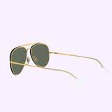 Ray-Ban RB3584N 905071 61 Blaze Aviator Unisex Sunglasses with gold frames and green lenses, shown from a rear angle on a light purple background. Slim arms with clear ear tips complete these Ray-Ban Sunglasses.
