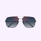 The Cartier CT0230S 004 59 Men Metal Sunglass by Cartier Sunglasses features stylish silver rims and dark gradient lenses, displayed against a light purple background.