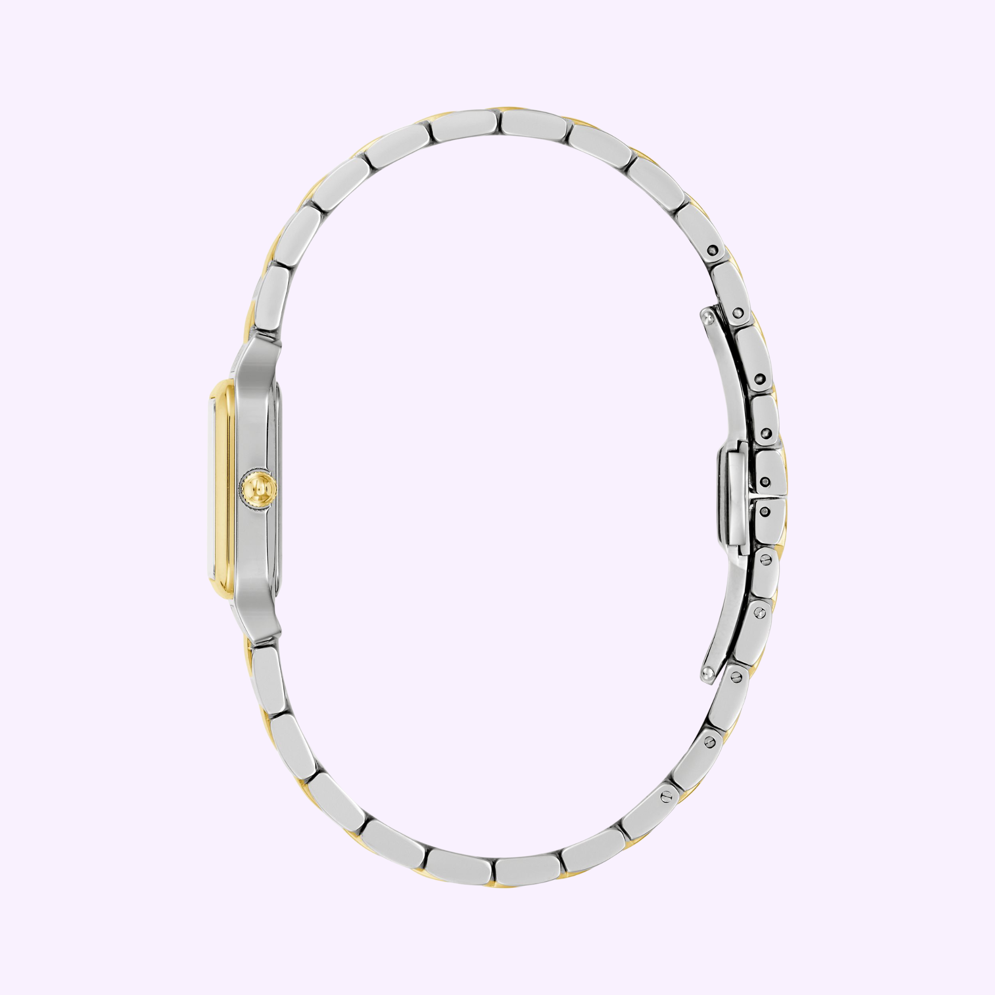A side view of the Bulova Watches Sutton 98L330 women's two-tone watch with gold accents and a slim stainless steel bracelet, displayed against a light purple background.