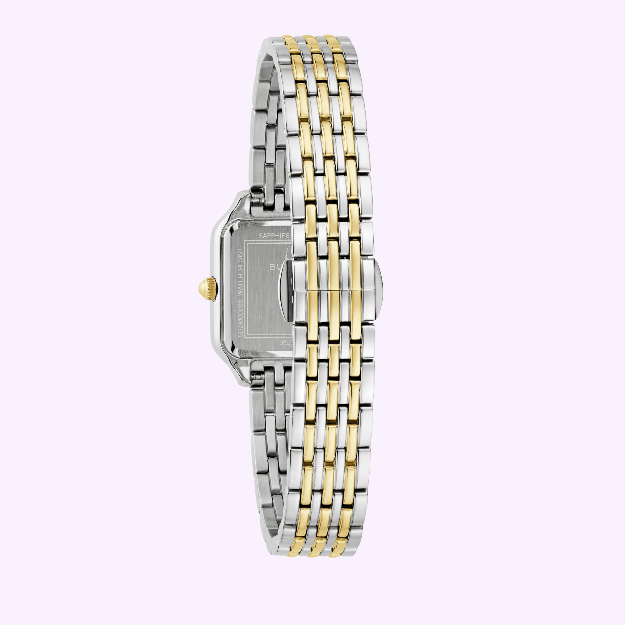 The Bulova Watches Sutton 98L330 women’s two-tone watch features a silver and gold stainless steel bracelet, shown from the back to highlight the clasp and bracelet links on a light purple background.