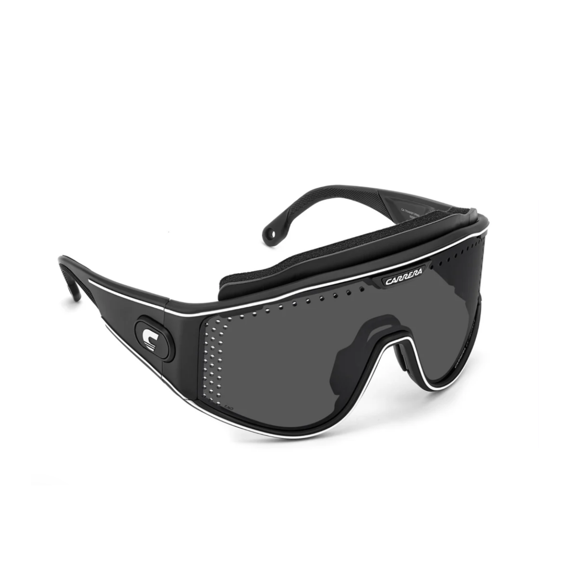 Sleek Carrera Sunglasses CARRERA CA Transforma Multi Vision Men with black wraparound frame, dark lens, white trim, top vents, and Carrera branding—100% authentic from an authorized Miami dealer.