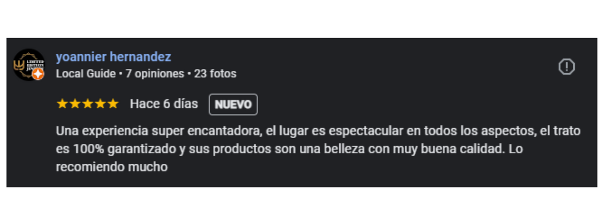 A Google review by yoannier hernandez rates a place 5 stars, praising the location, guaranteed excellent service, and high-quality products. The reviewer highly recommends the experience.