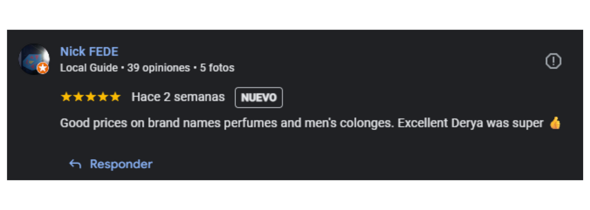 A Google review by Nick FEDE gives 5 stars, praising good prices on brand name perfumes and mens colognes, and complimenting Derya. The review is labeled NUEVO and was posted 2 weeks ago.