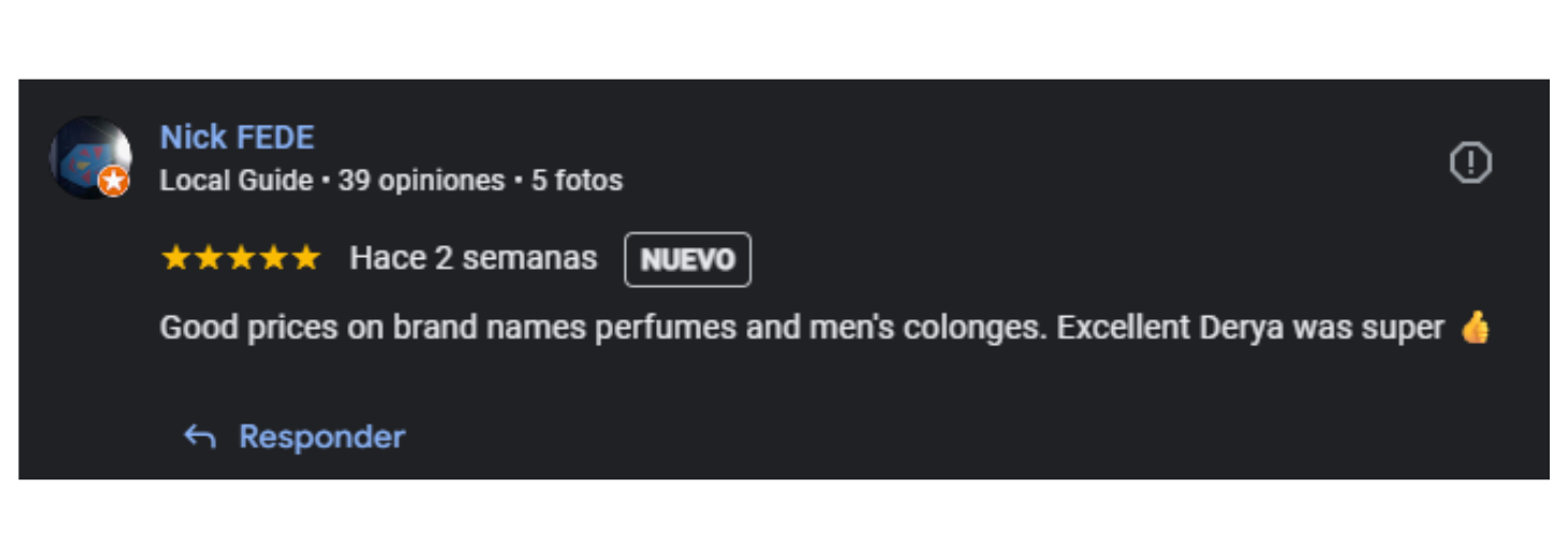A Google review by Nick FEDE gives 5 stars, praising good prices on brand name perfumes and mens colognes, and complimenting Derya. The review is labeled NUEVO and was posted 2 weeks ago.
