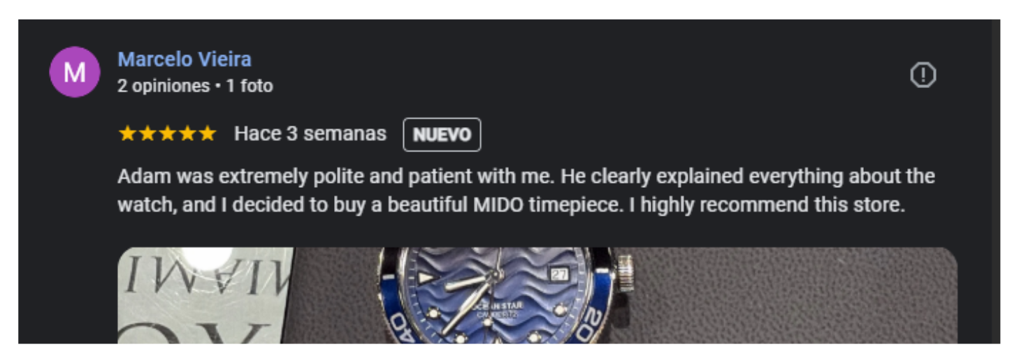 A Google review by Marcelo Vieira gives five stars, praising Adams politeness and clear explanations about a MIDO watch. Below the review is a close-up photo of a blue MIDO watch face and part of its strap.