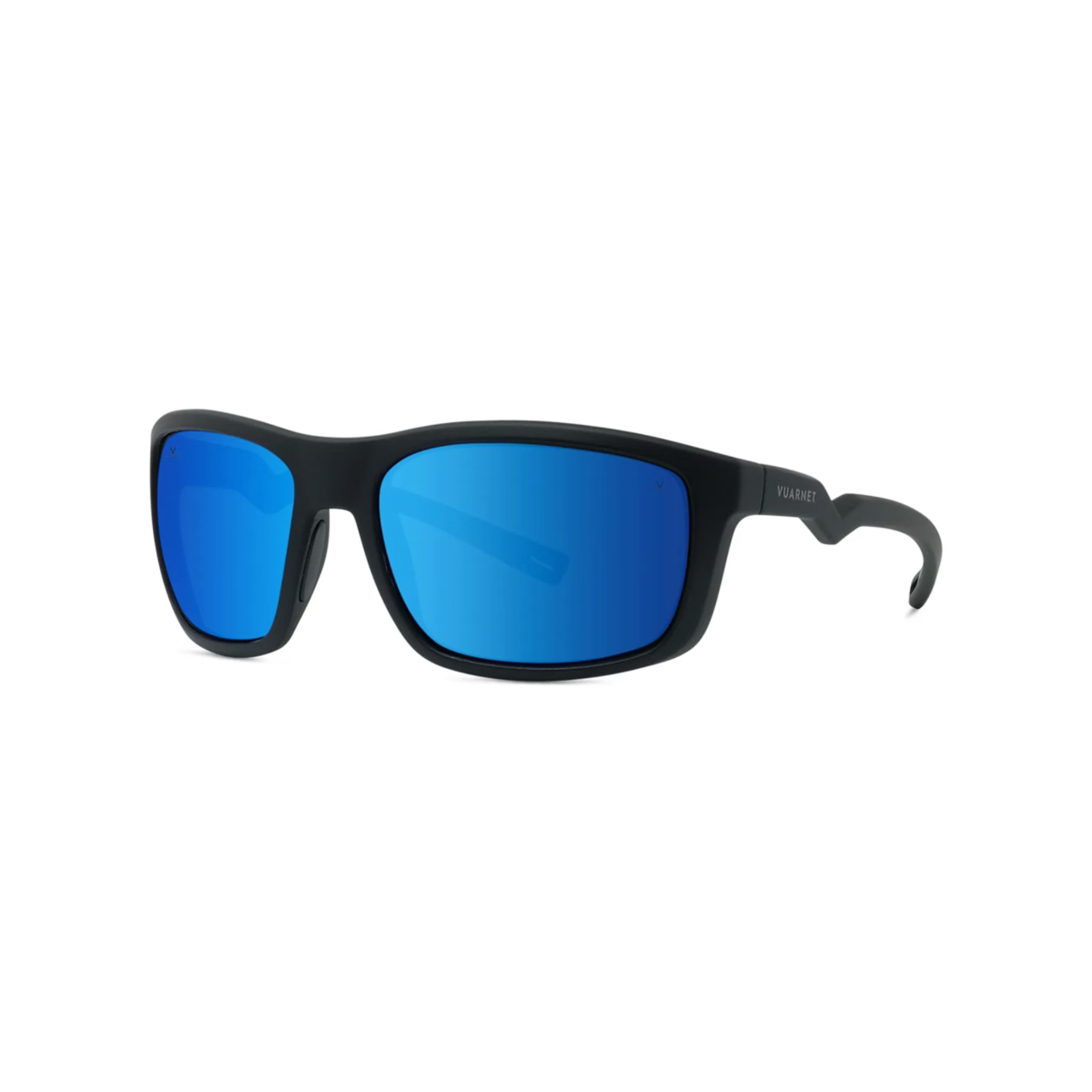 The Vuarnet Sunglasses VU40116U-Y 02W 192337319716, featuring black frames and mirrored blue lenses, are shown at an angle on a white background.
